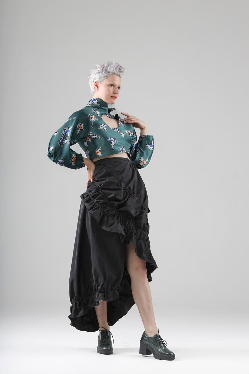 - Aimé asymmetrical wrap skirt in black taffeta