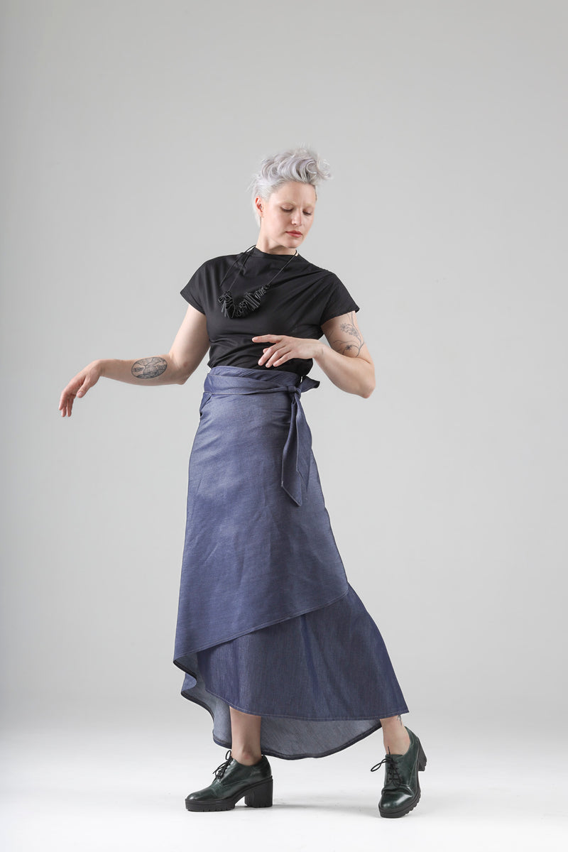 - Aimée long wrap skirt in light denim