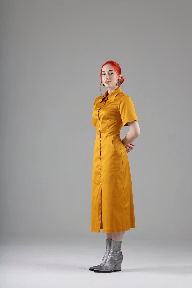 - Arsene long dress in marigold with short sleeves