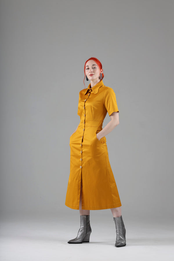 - Arsene long dress in marigold with short sleeves