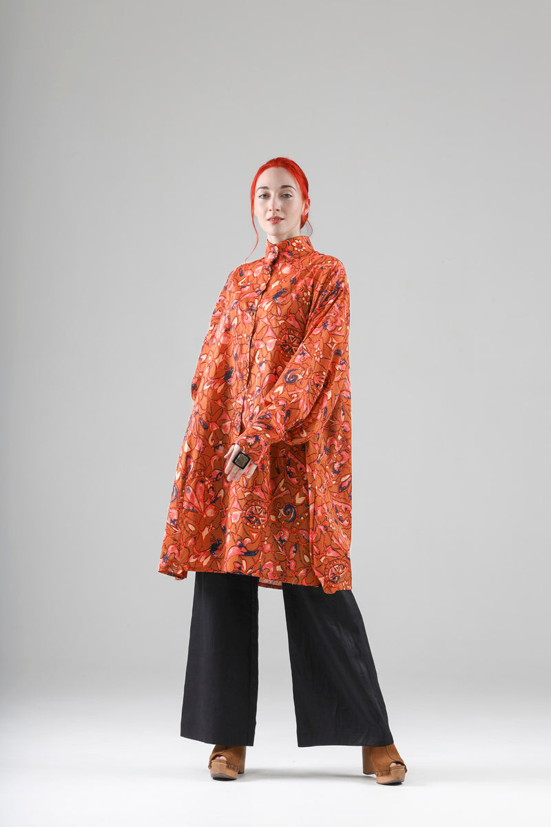 - Blaise long shirt in burnt orange cotton voile print