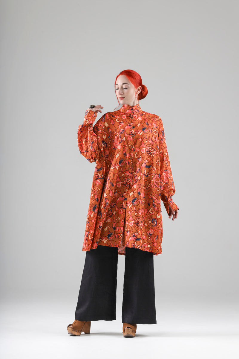 - Blaise long shirt in burnt orange cotton voile print