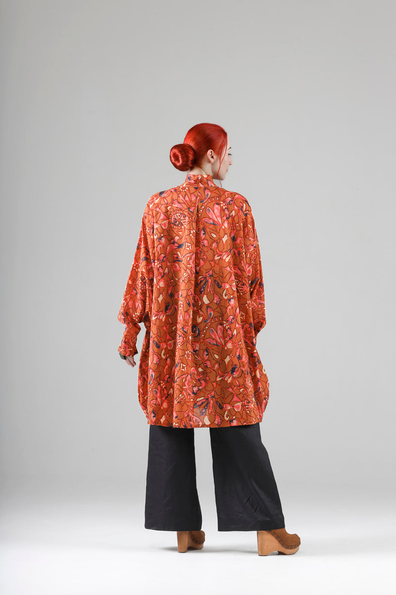 - Blaise long shirt in burnt orange cotton voile print