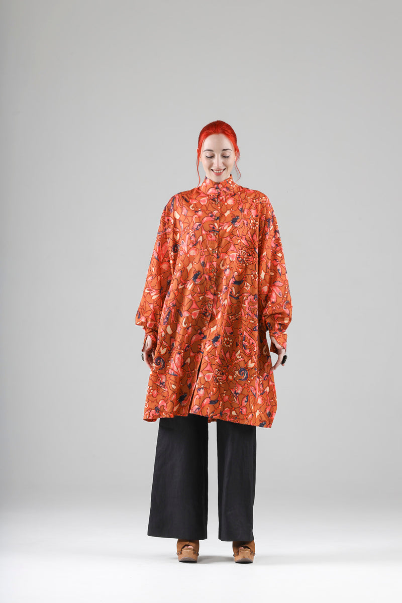 - Blaise long shirt in burnt orange cotton voile print