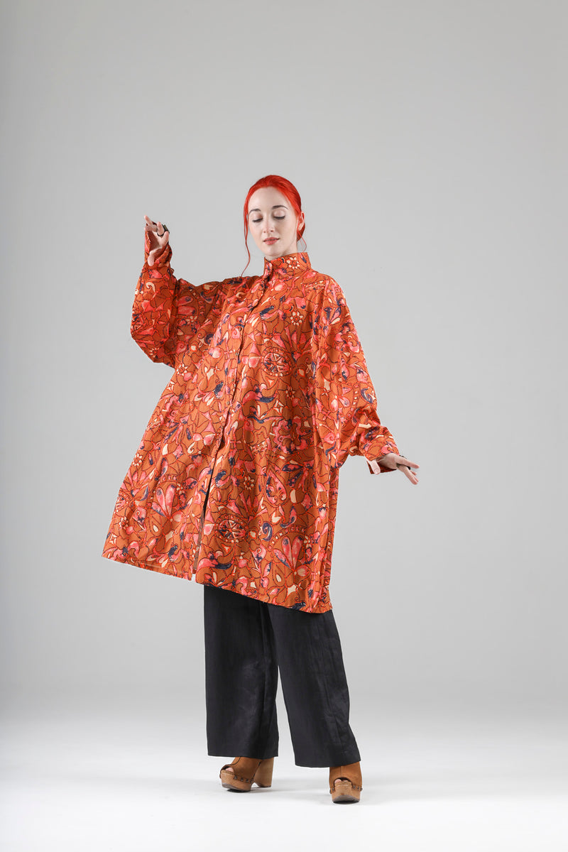 - Blaise long shirt in burnt orange cotton voile print
