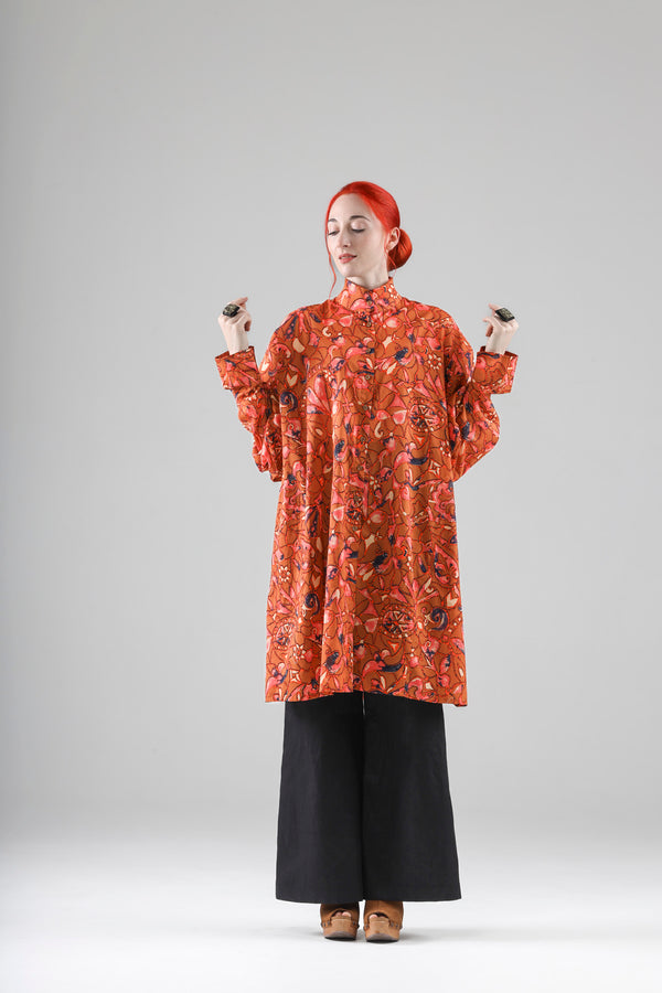 - Blaise long shirt in burnt orange cotton voile print
