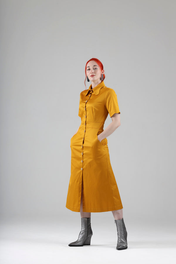 - Arsene long dress in marigold with short sleeves