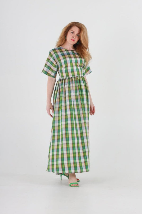 1- Bea long dress is green plaid silk
