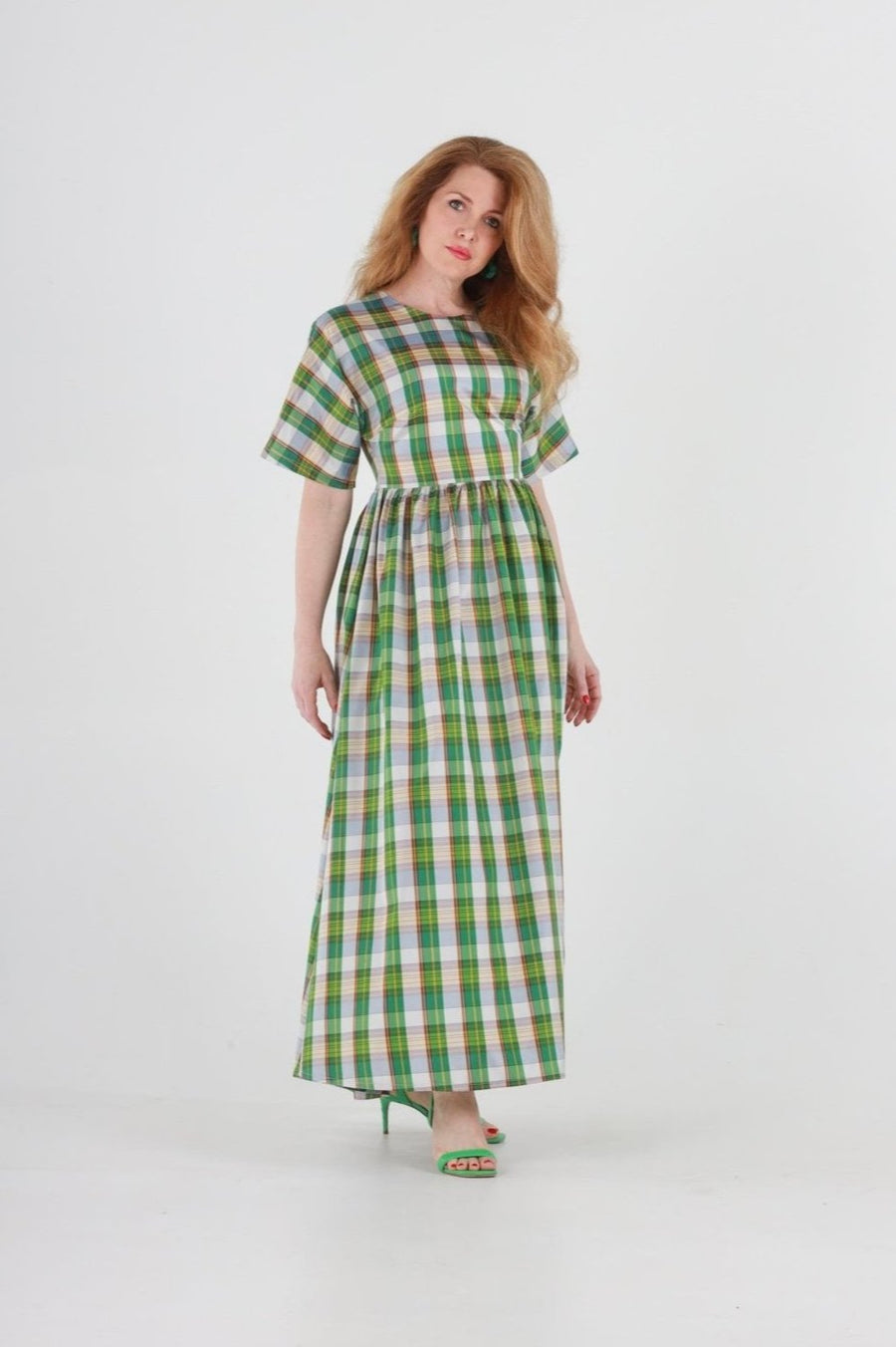 1- Bea long dress is green plaid silk natalija rushidi 1- Bea long dress is green plaid silk natalija rushidi