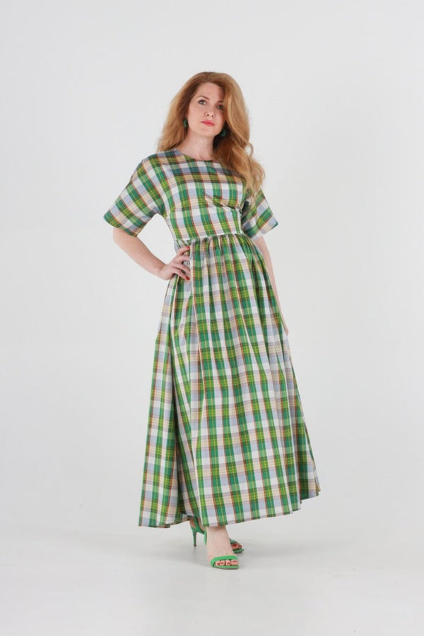 1- Bea long dress is green plaid silk