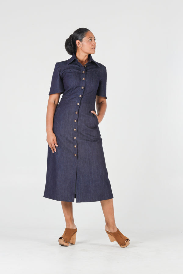 1- Albert long denim dress with short sleeves