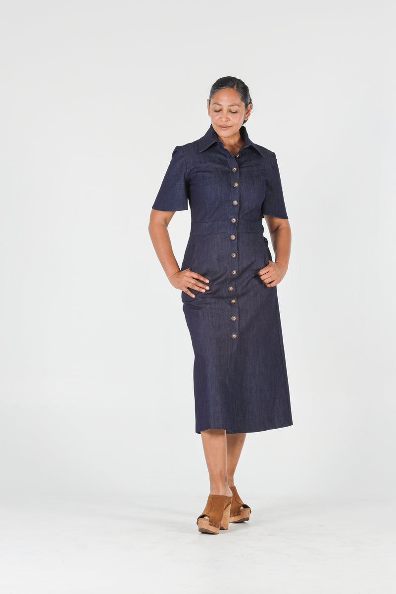 1- Albert long denim dress with short sleeves