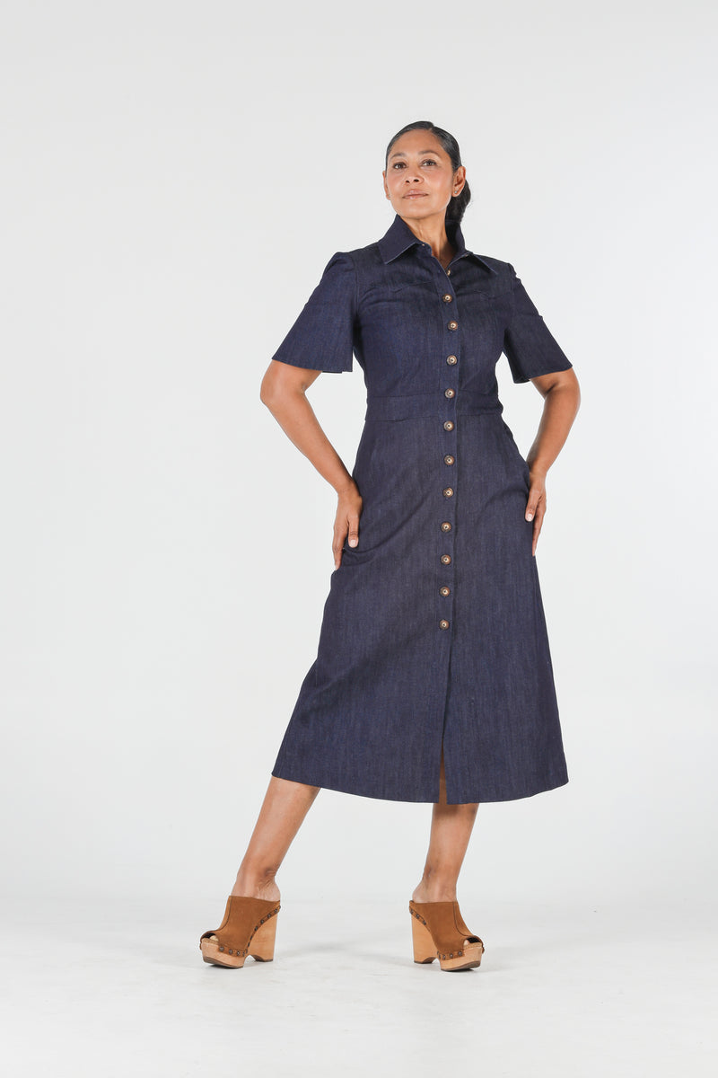 1- Albert long denim dress with short sleeves