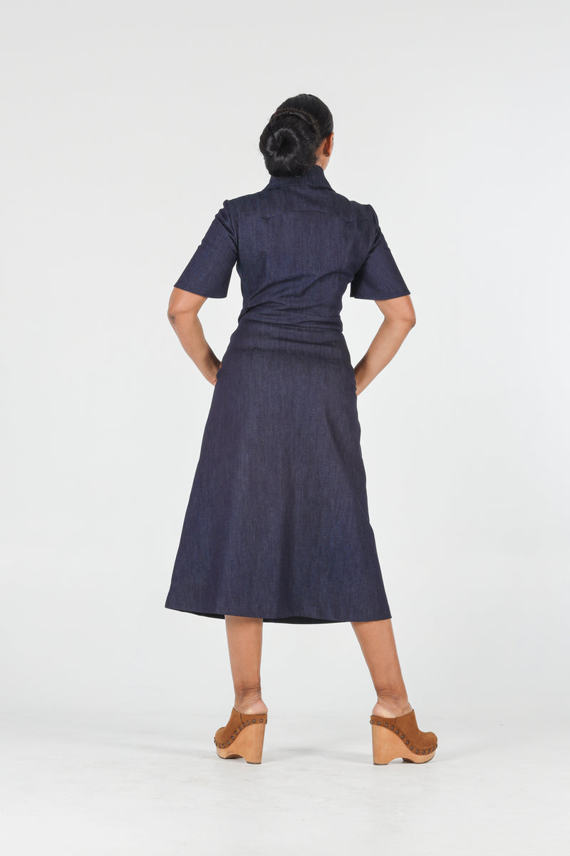 1- Albert long denim dress with short sleeves