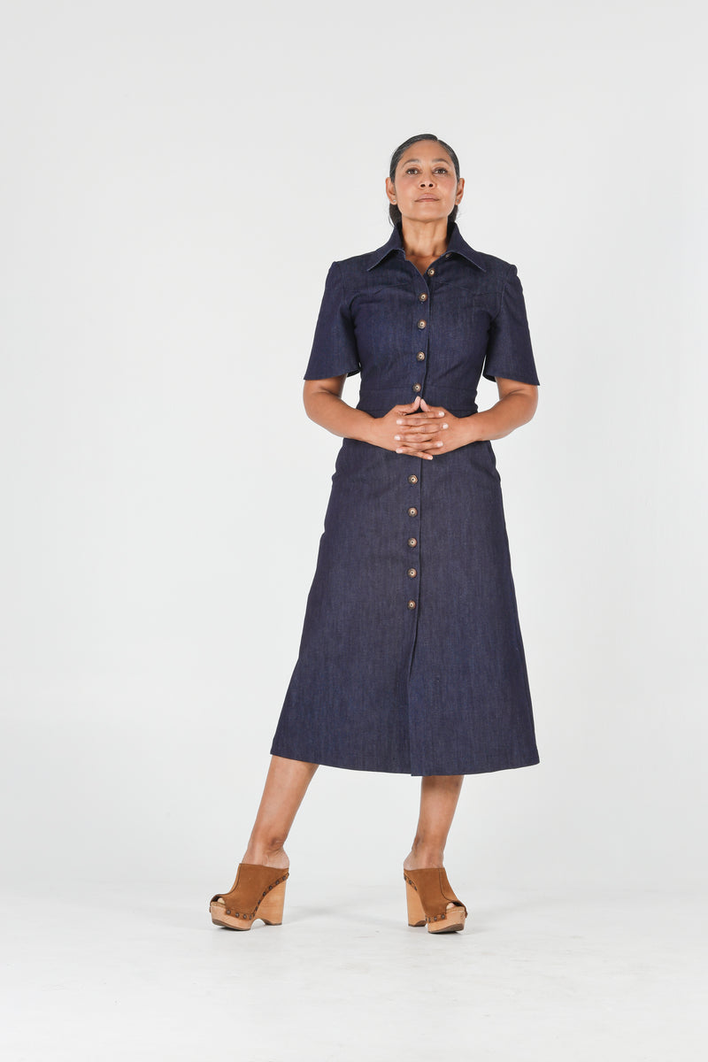 1- Albert long denim dress with short sleeves