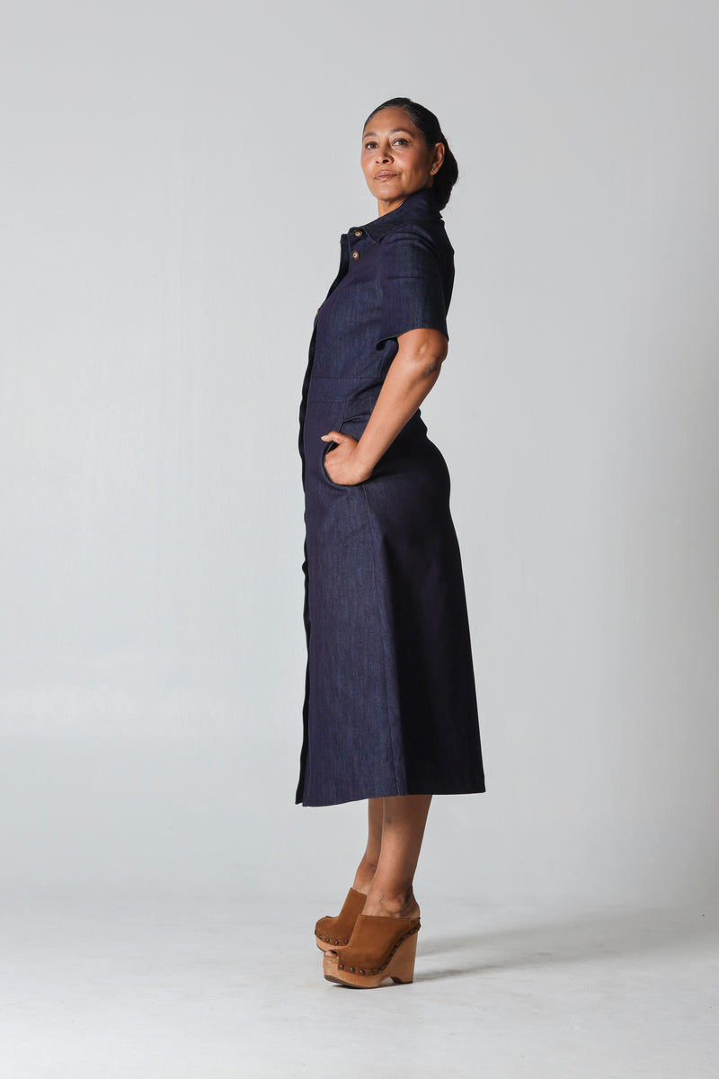 1- Albert long denim dress with short sleeves