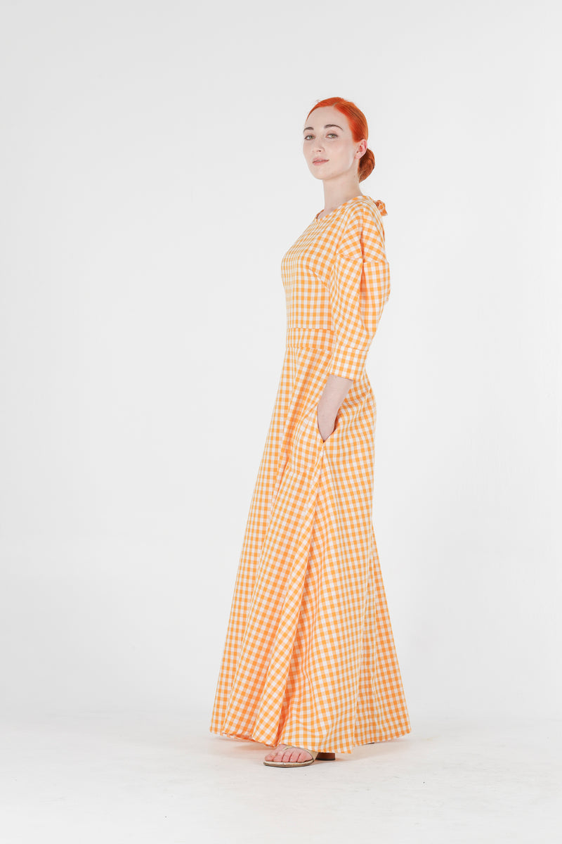 Hera long dress in orange gingham