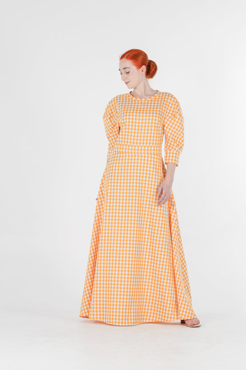 Hera long dress in orange gingham