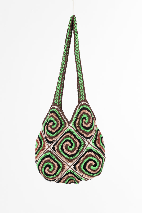 Handmade crochet bag in green and tan