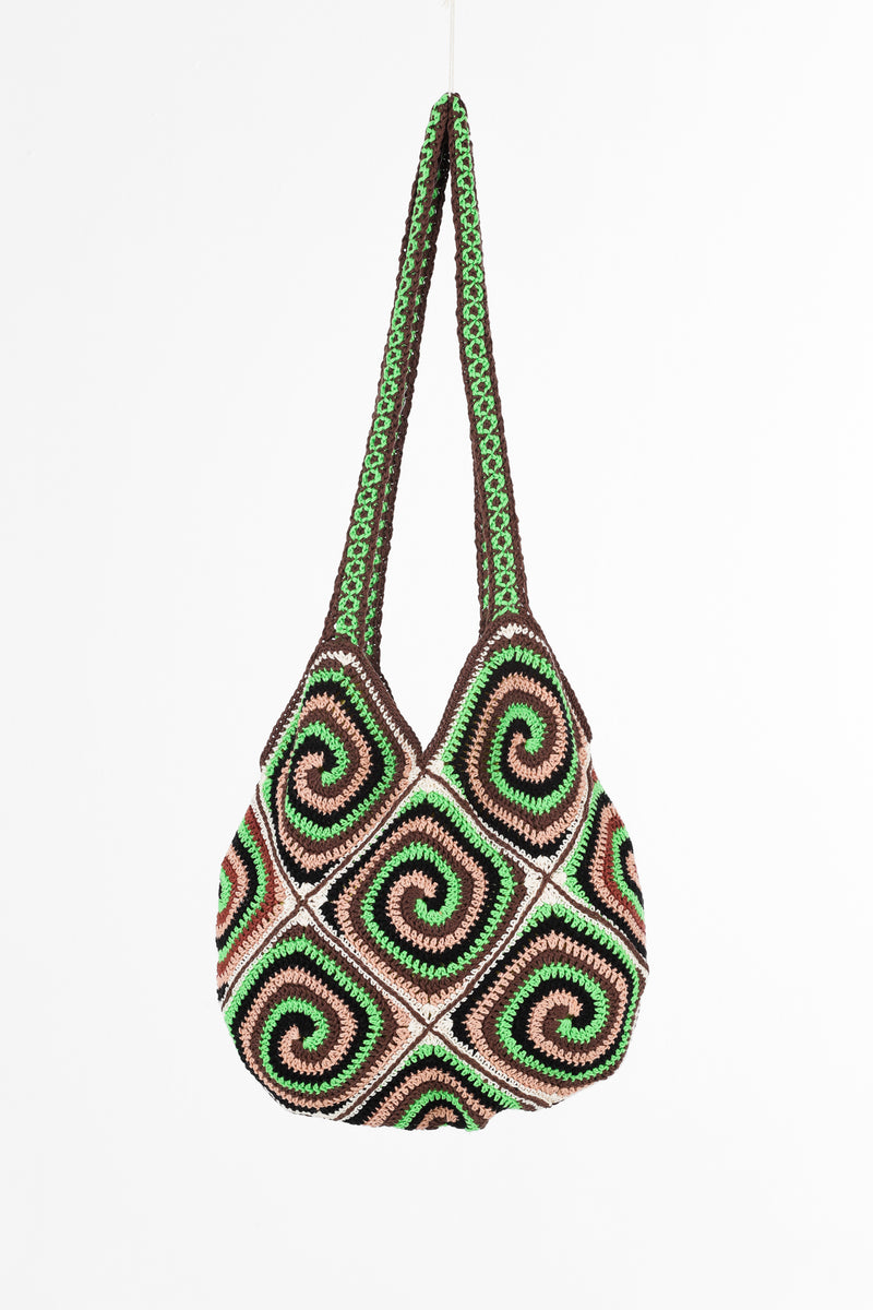 Handmade crochet bag in green and tan