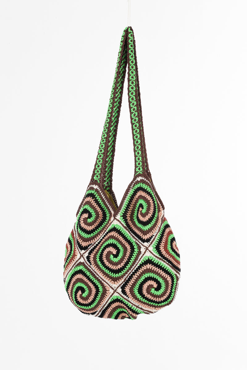 Handmade crochet bag in green and tan