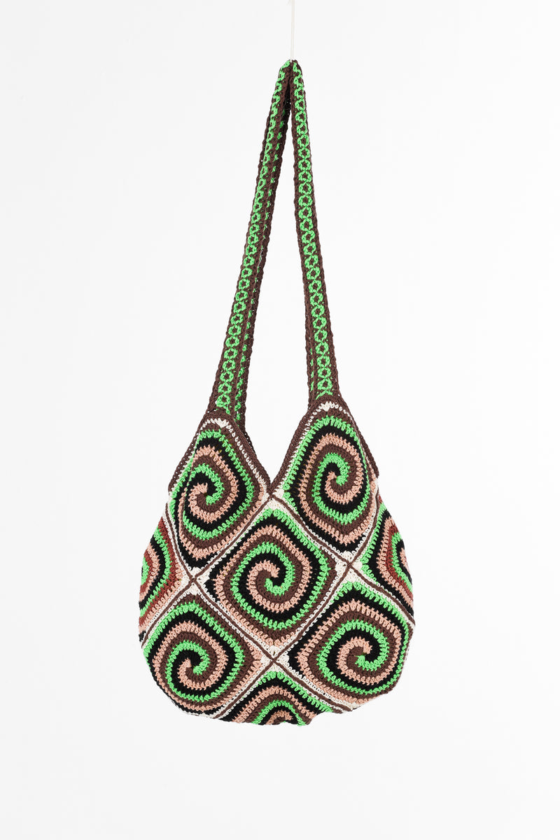 Handmade crochet bag in green and tan
