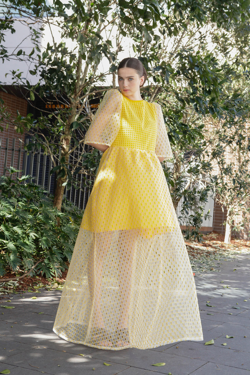1- Beatrix long dress in yellow silk organza