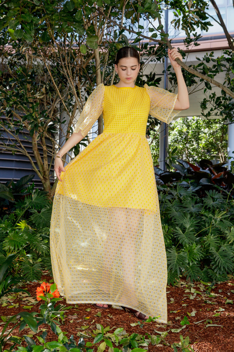 1- Beatrix long dress in yellow silk organza
