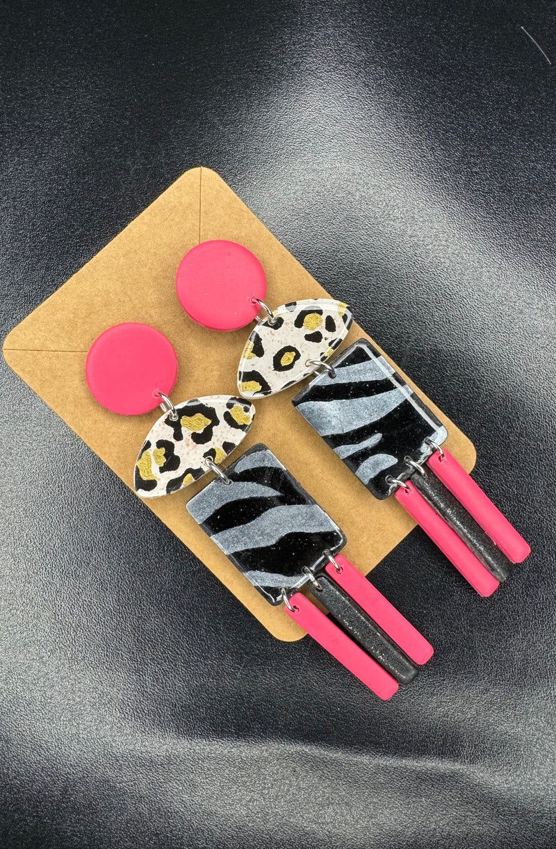1- Long pink and animal print earrings