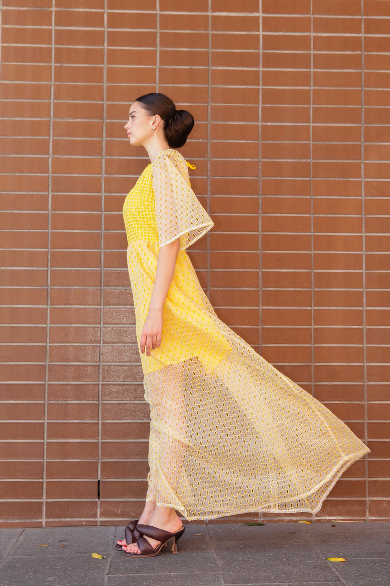 1- Beatrix long dress in yellow silk organza