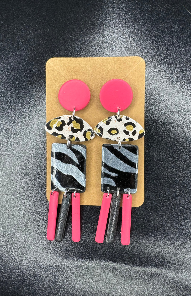 1- Long pink and animal print earrings