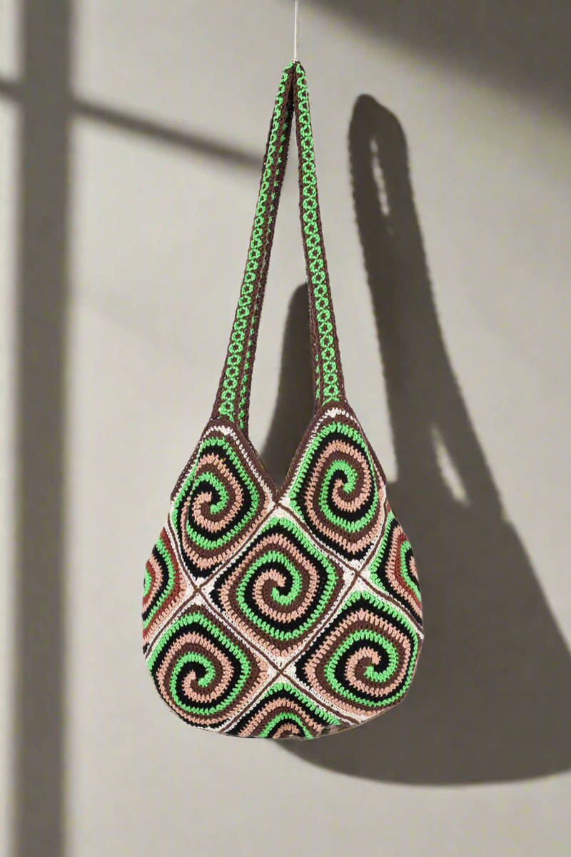 Handmade crochet bag in green and tan