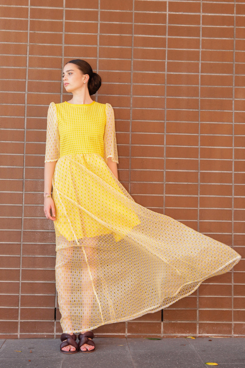 1- Beatrix long dress in yellow silk organza