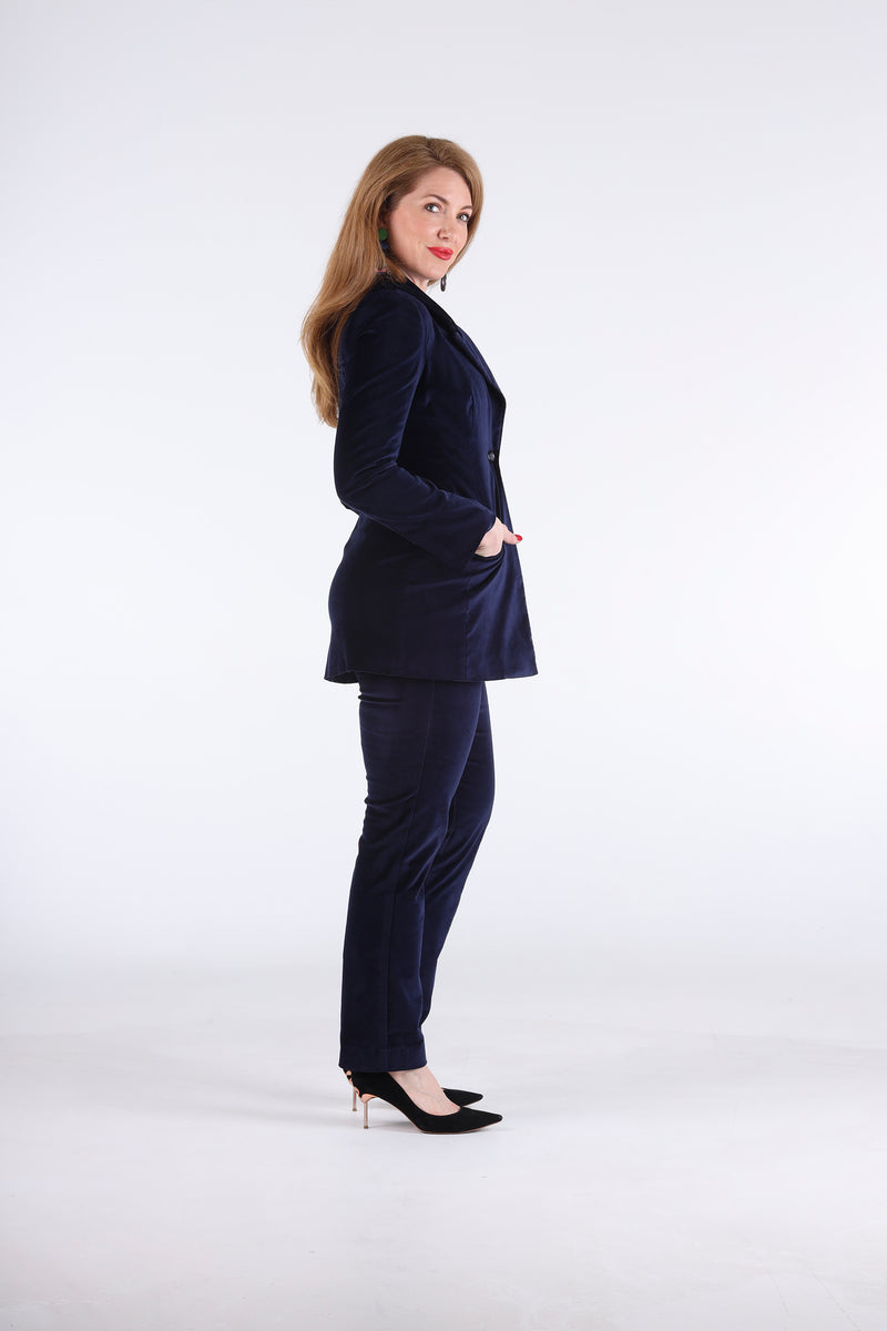 1- Navy velvet high waisted pants in straight leg