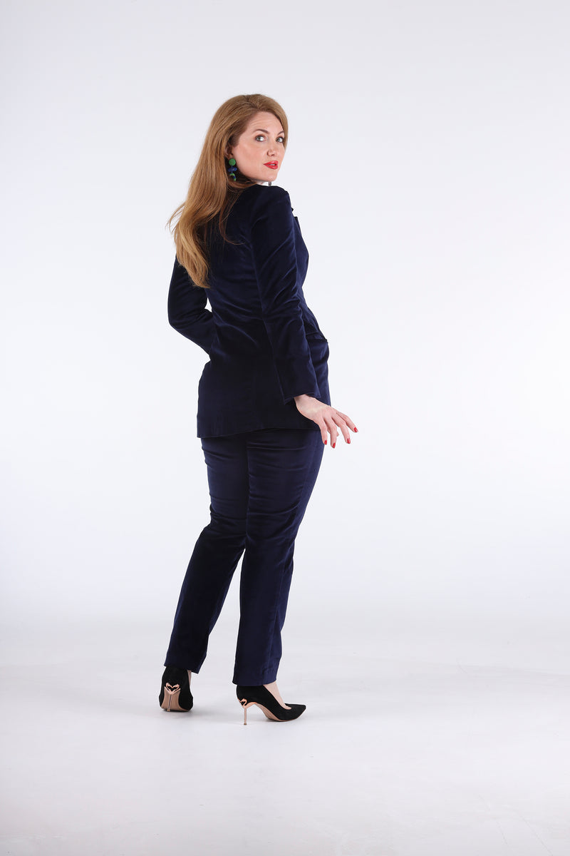 1- Navy velvet high waisted pants in straight leg