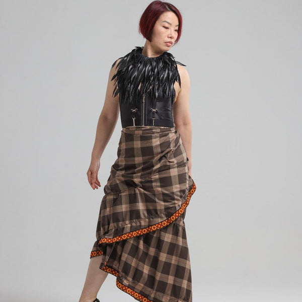 AIMÉ ASYMMETRICAL WRAP SKIRT in brown wool check – natalija rushidi