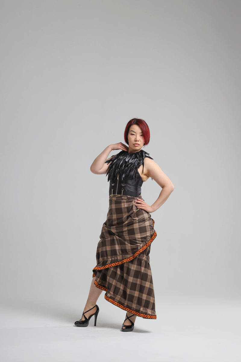 AIMÉ ASYMMETRICAL WRAP SKIRT in brown wool check – natalija rushidi