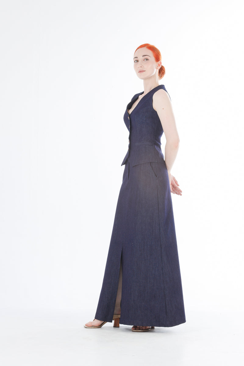 1- Denim A-line long skirt in indigo