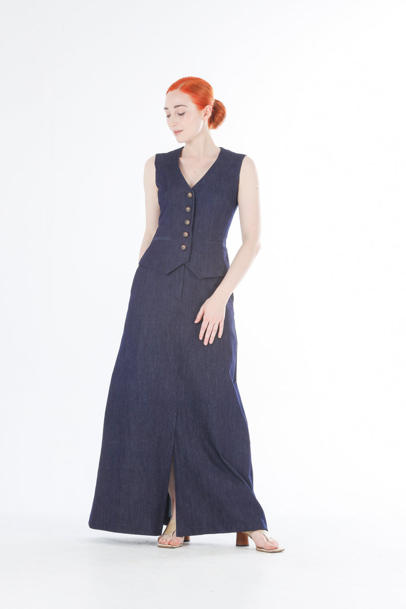 1- Denim A-line long skirt in indigo