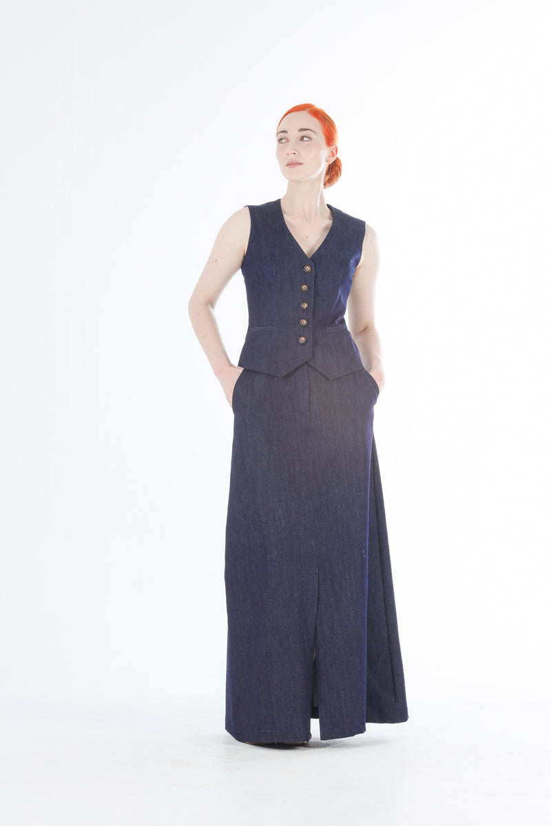 1- Denim A-line long skirt in indigo