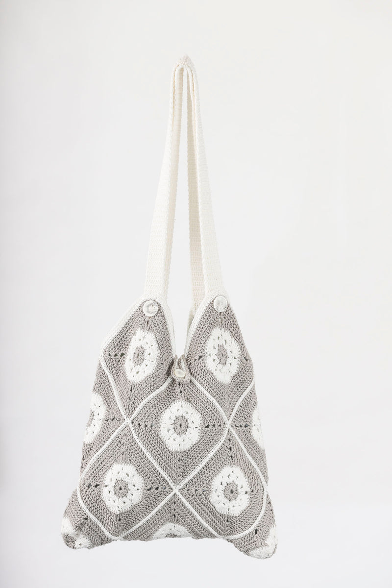 Handmade crochet square bag in white and grey