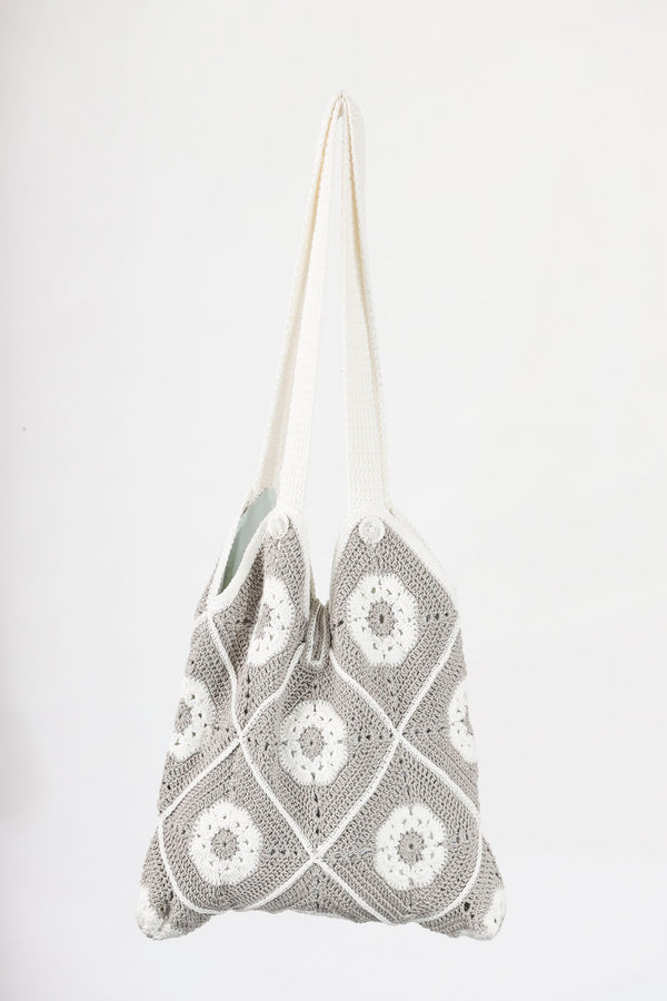 Handmade crochet square bag in white and grey