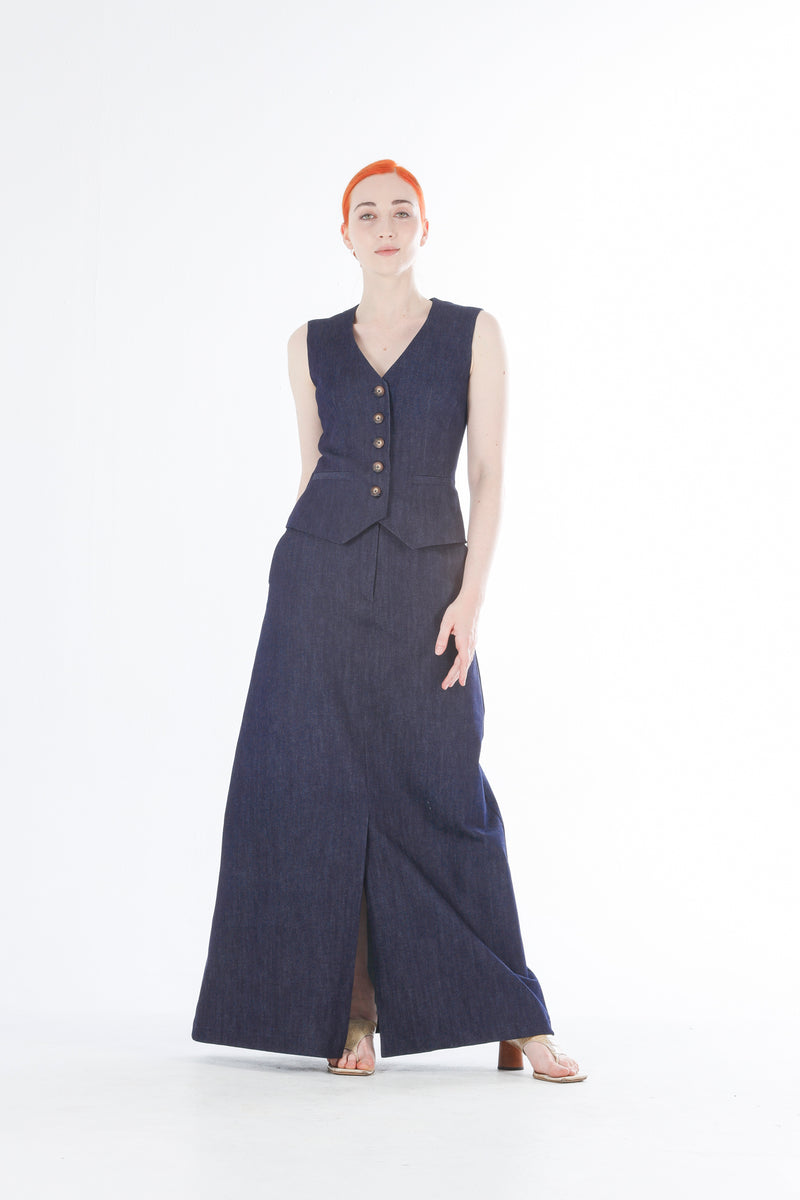 1- Denim A-line long skirt in indigo