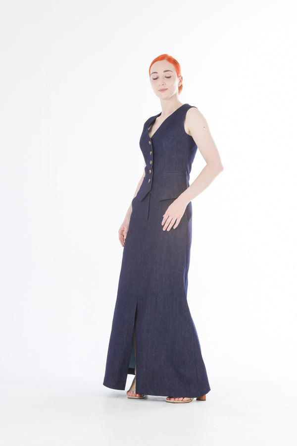 1- Denim A-line long skirt in indigo