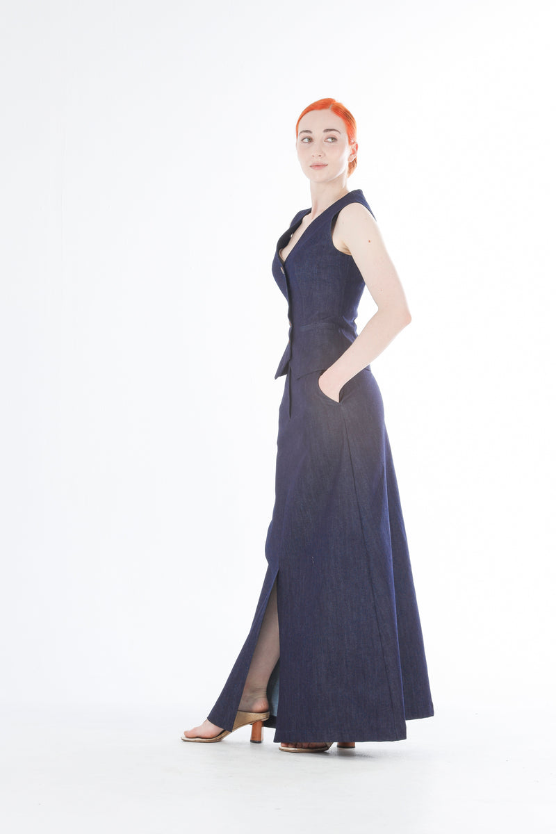 1- Denim A-line long skirt in indigo