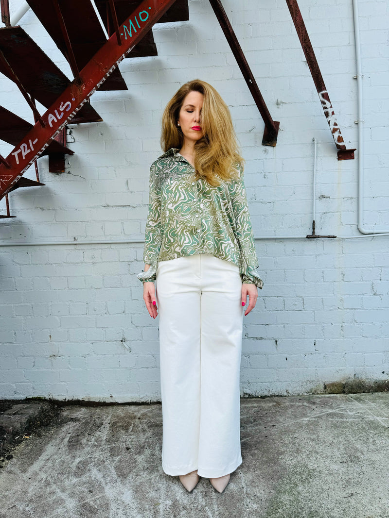 1- Geo shirt in green swirl silk charmeuse