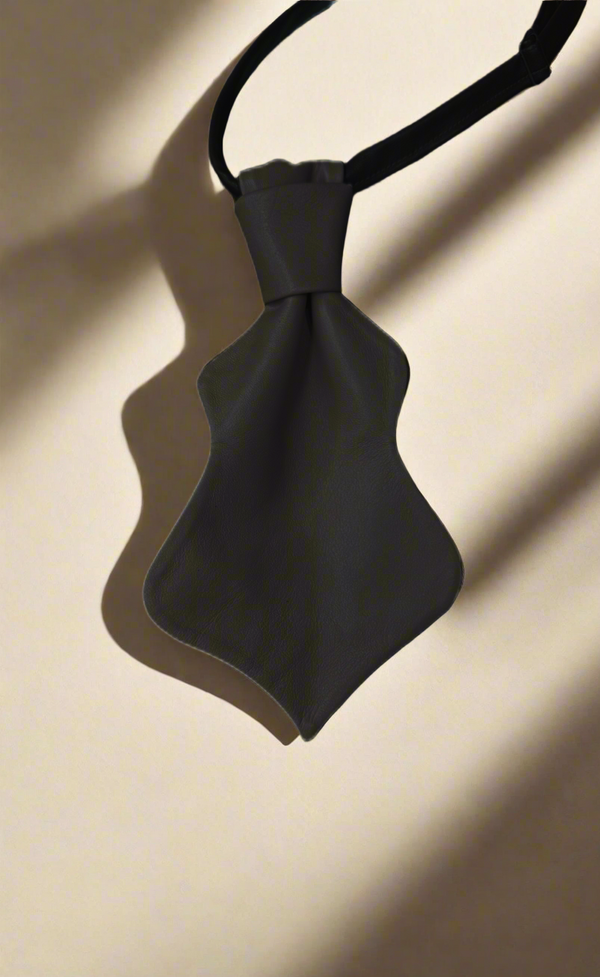 1 - Black waved leather tie -limited edition