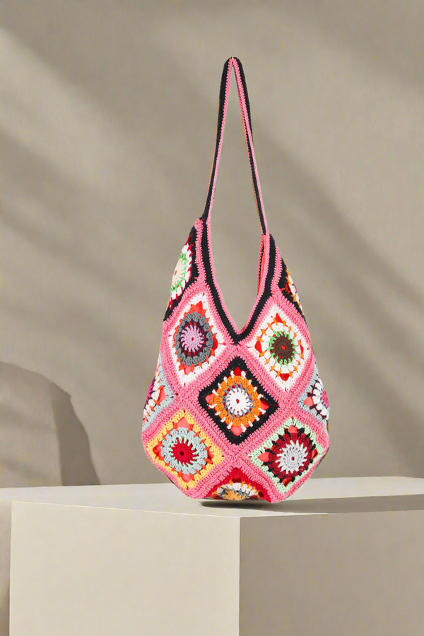 Handmade crochet bag in multi pink