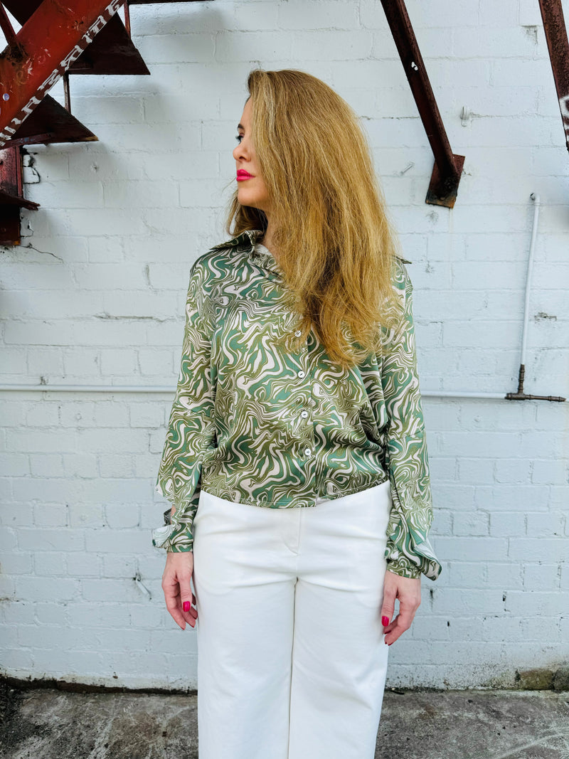 1- Geo shirt in green swirl silk charmeuse