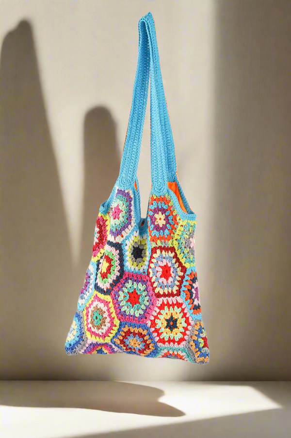 Handmade crochet bag in multi aqua